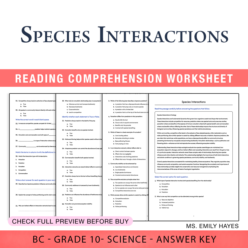 Grade 10 Science worksheet worksheet — 10th Grade Science | Species Interactions Worksheet (PDF+ Answer Key) — page 1