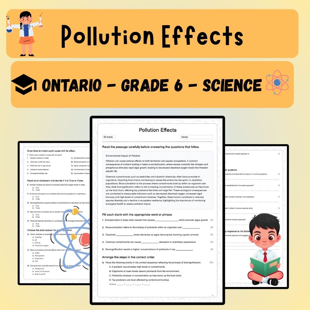 Grade 6 Science worksheet worksheet — Grade 6 Science | Pollution Effects Worksheet (PDF ) for Ontario Standards — page 1