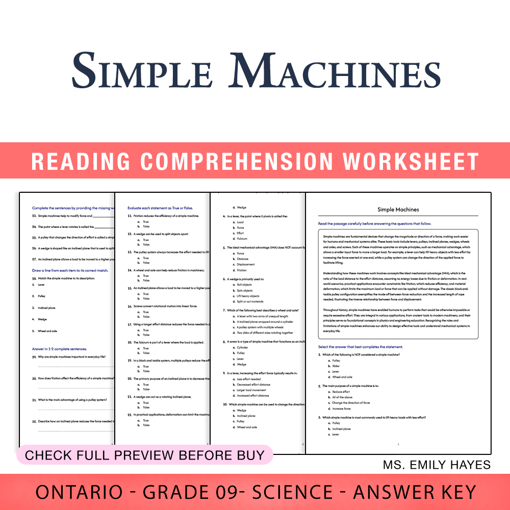 Grade 9 Science worksheet worksheet — 9th Grade Science | Simple Machines Worksheet (PDF + Answer Key) — page 1