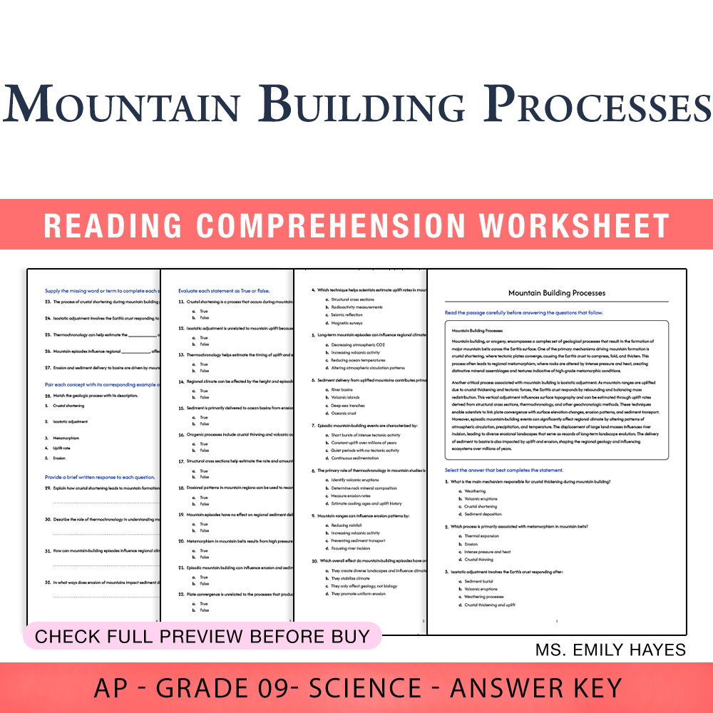 Grade 9 Science worksheet worksheet — Grade 9 Science | Mountain Building Processes Worksheet (PDF+ Answer Key) — page 1
