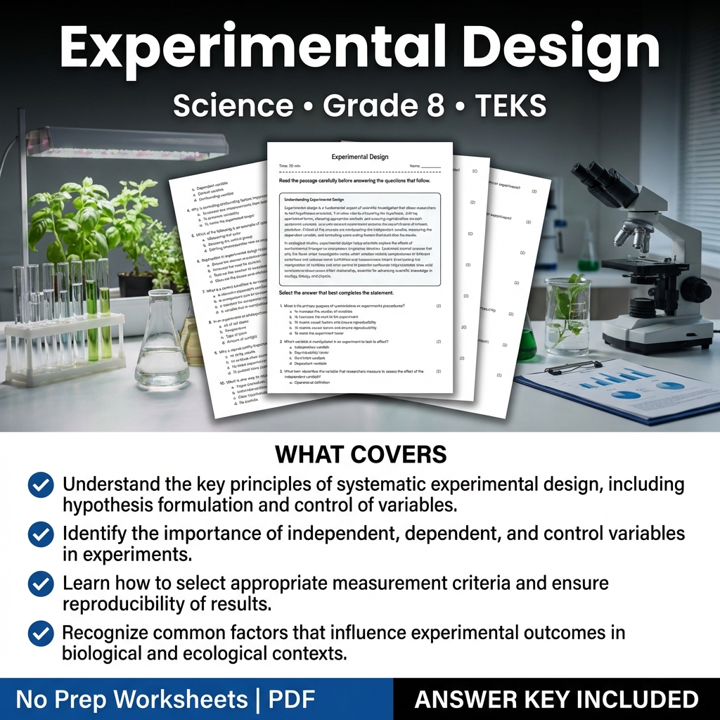 Experimental Design Worksheet Grade 8 Science TEKS Practice PDF