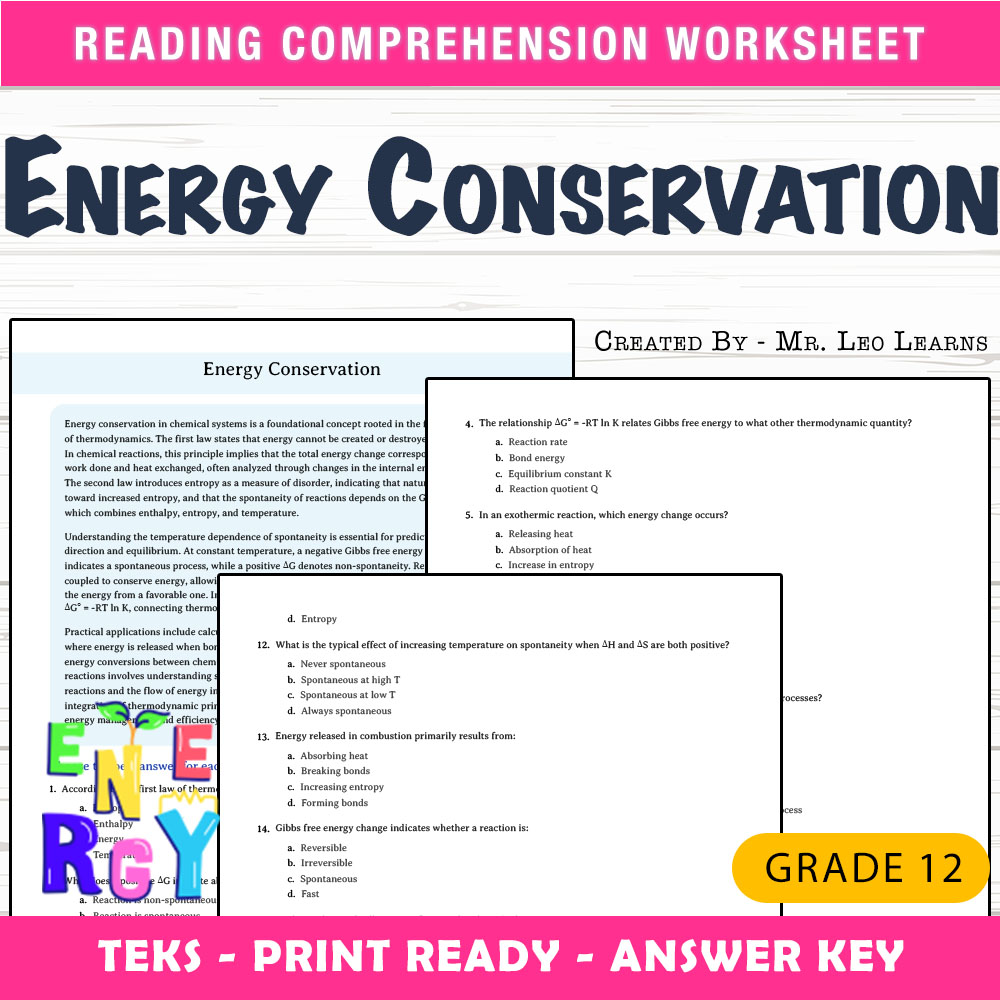 Grade 12 Science worksheet worksheet — Grade 12 Science – Energy Conservation Worksheet for Mastery — page 1