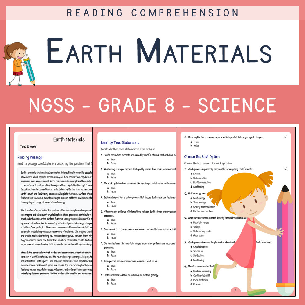 Grade 8 Science worksheet worksheet — Grade 8 Science | Earth Materials Worksheet + Answer Key (NGSS Aligned) — page 1