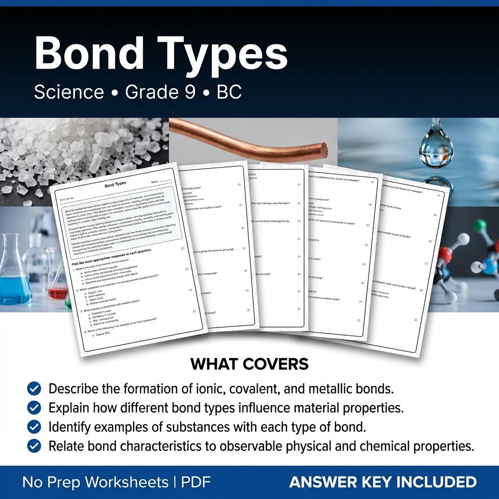 9th Grade Science | Bond Types Worksheet & Answer Key for Classroom Practice