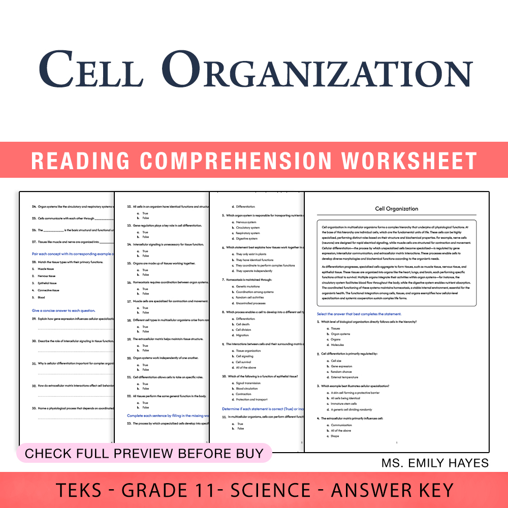 Grade 11 Science worksheet worksheet — 11th Grade Science | Cell Organization Worksheet (PDF+ Answer Key) — page 1