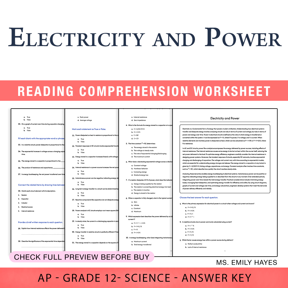 Grade 12 Science worksheet assessment worksheet — 12th Grade Science | Electricity and Power Assessment Worksheet (PDF+ An…