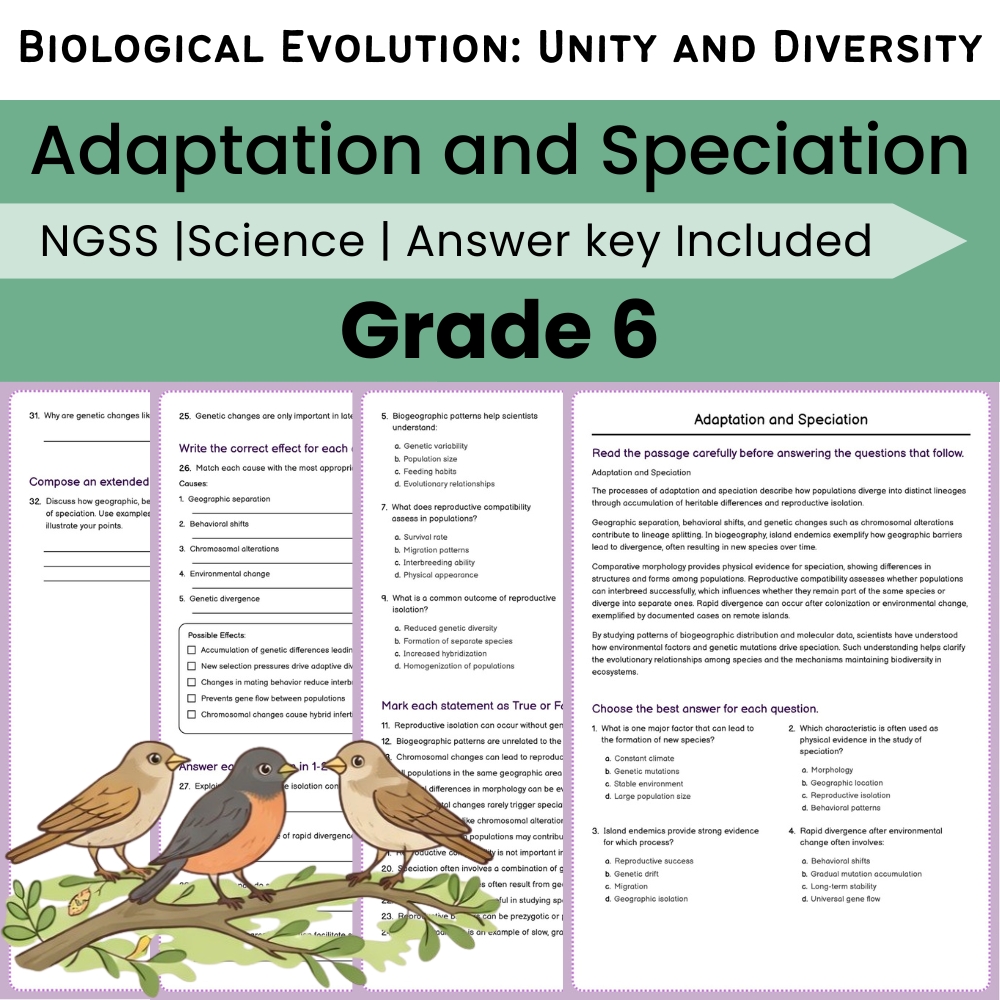 Grade 6 Science science worksheet — Grade 6 Science | Adaptation and Speciation Worksheet (Printable PDF + Answer Key)