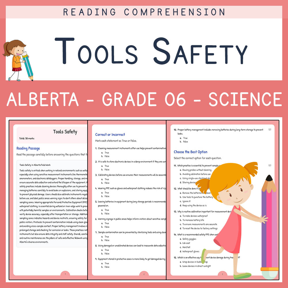 Grade 6 Science worksheet elena worksheet — Grade 6 Science Worksheet | Tools Safety | Alberta-Aligned Assessment — page 1