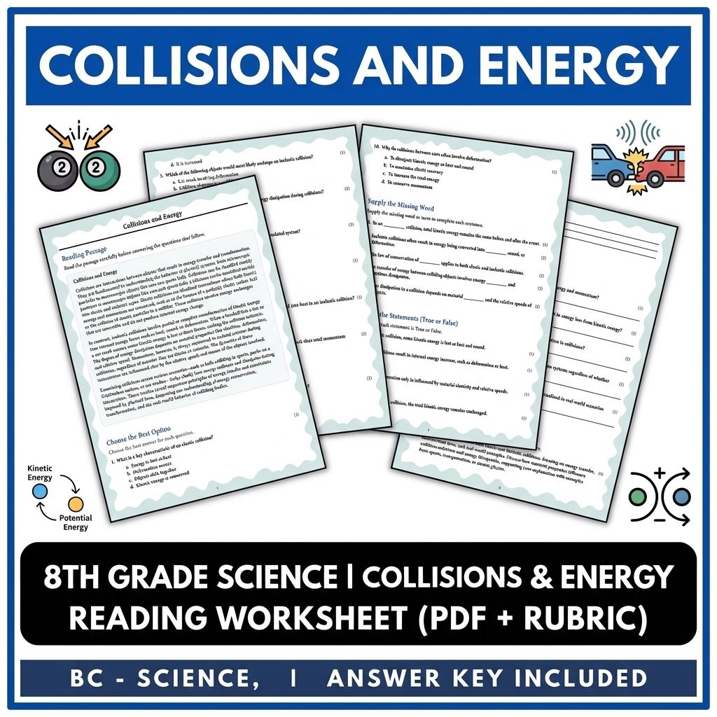 Grade 8 Science reading worksheets — 8th Grade Science | Collisions & Energy Reading Worksheet (PDF + Rubric)