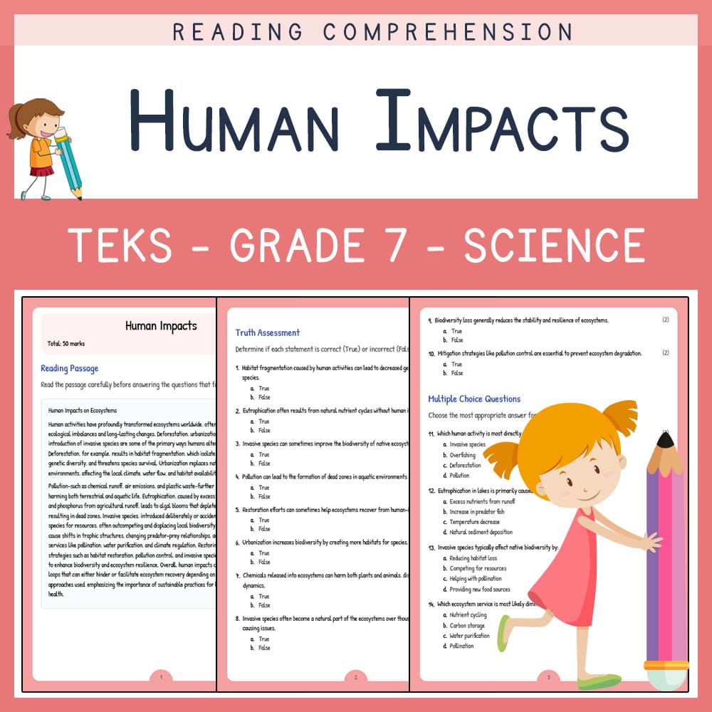 Grade 7 Science worksheet elena worksheet — Grade 7 Science | Human Impacts Worksheet | TEKS-Aligned — page 1