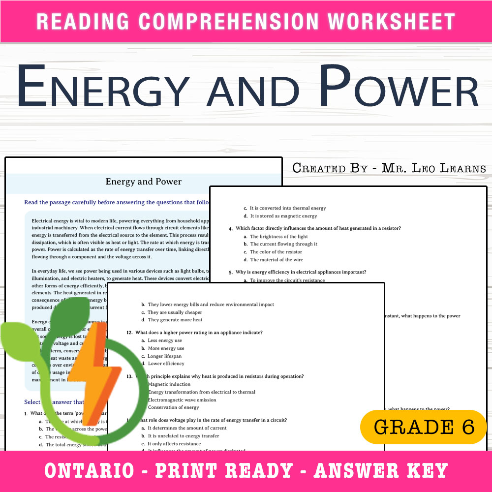 Grade 6 Science worksheet worksheet — Grade 6 Science — Energy and Power Worksheet for Mastery — page 1