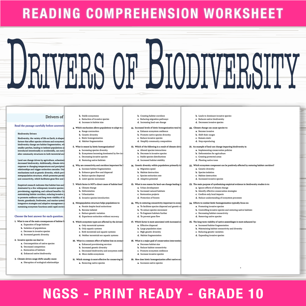Grade 10 Science worksheet worksheet — 10th Grade Science | Drivers of Biodiversity Worksheet (PDF + Answer Key) — page 1