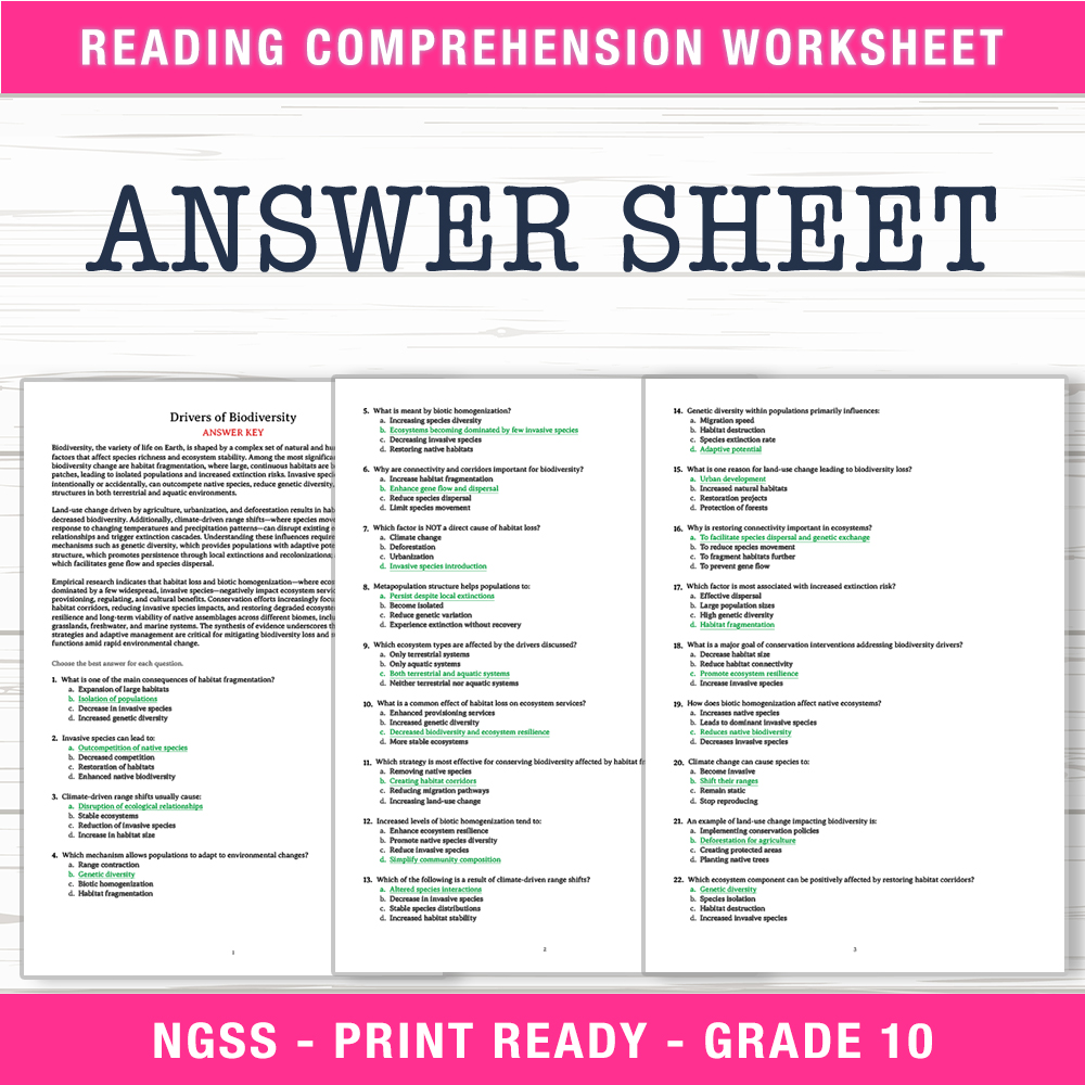 Grade 10 Science worksheet worksheet — 10th Grade Science | Drivers of Biodiversity Worksheet (PDF + Answer Key) — page 2