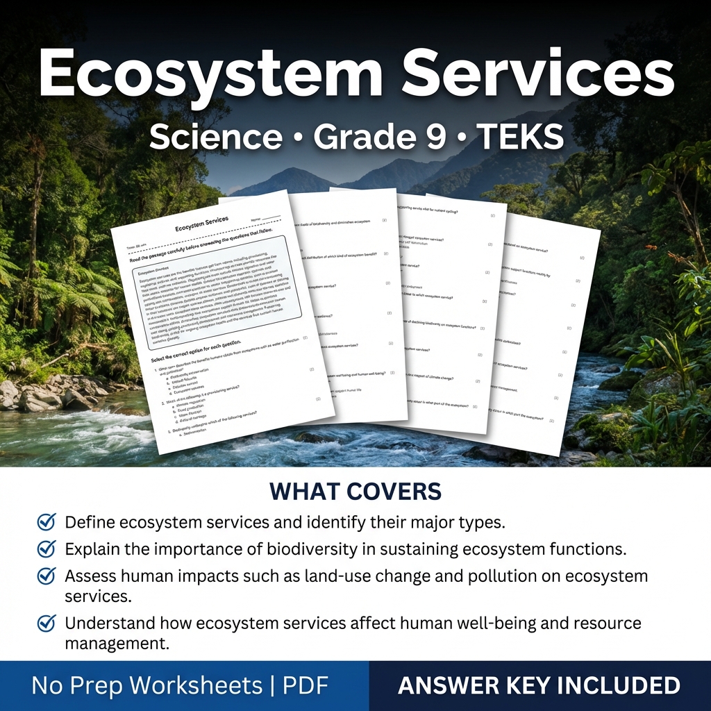Ecosystem Services Worksheet for Grade 9 Science TEKS Practice PDF