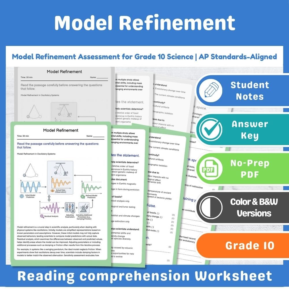 Grade 10 Science assessment worksheet — Model Refinement Assessment for Grade 10 Science | AP Standards-Aligned — page 1