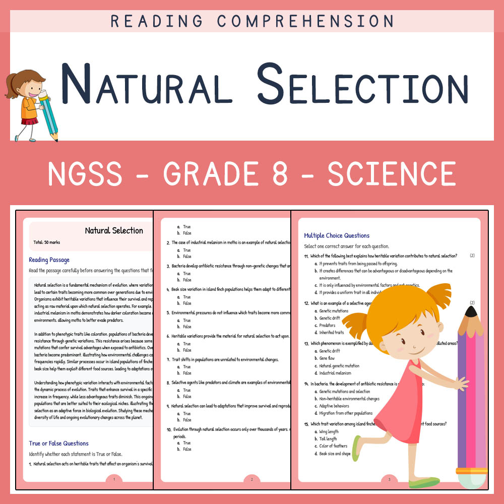 Grade 8 Science worksheet worksheet — Grade 8 Science | Natural Selection Worksheet & Answer Key (NGSS-Aligned) — page 1