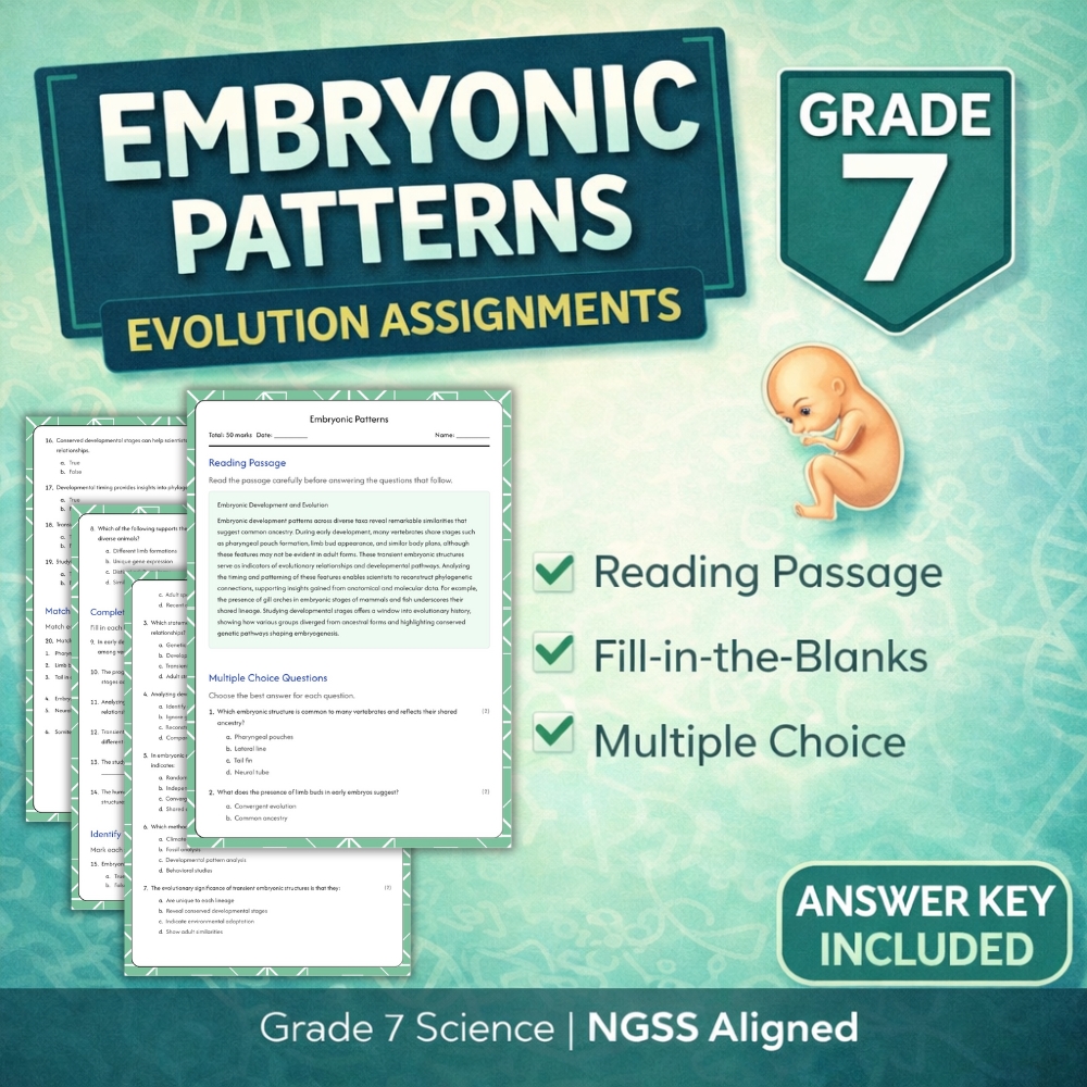 Grade 7 Science | Embryonic Patterns NGSS Worksheet (Answer Key) PDF