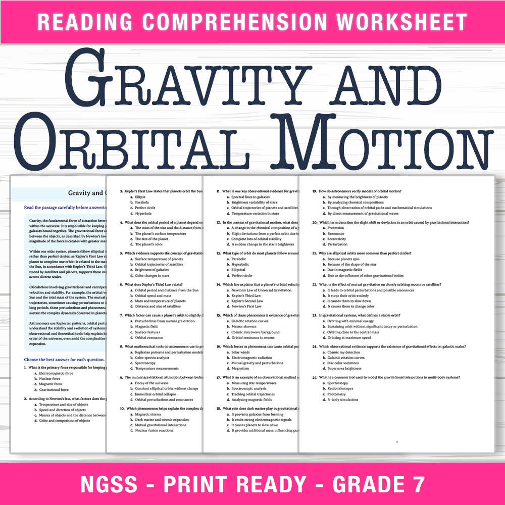 Grade 7 Science worksheet worksheet — Grade 7 Science | Gravity & Orbital Motion Worksheet (PDF + Answer Key) — page 1