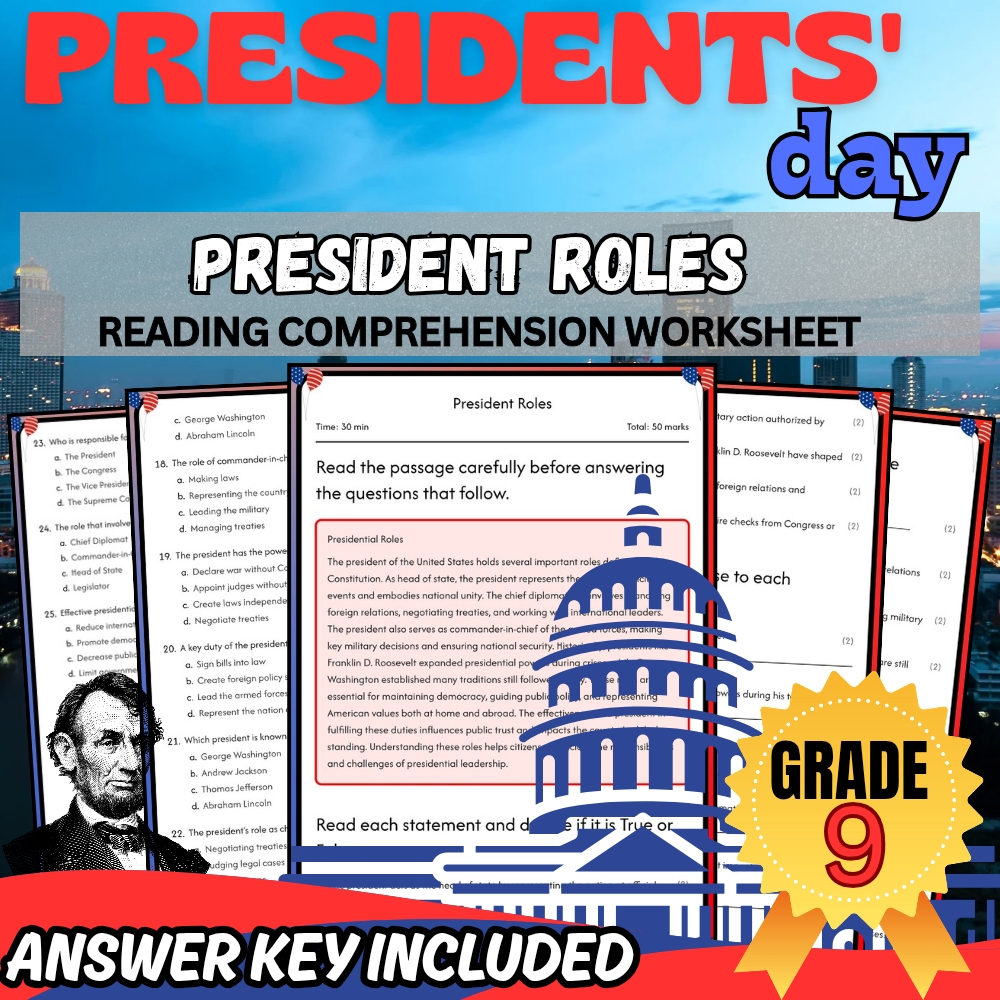 Grade 9 Presidents' Day Unit Worksheet Bundle | Leadership & Roles Focus — included worksheet 1