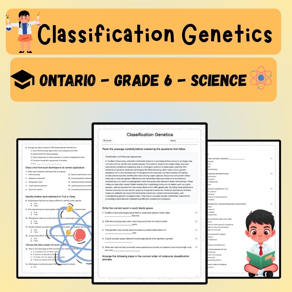 Grade 6 Science worksheet worksheet — 6th Grade Science – Classification & Genetics Worksheet (PDF) — page 1