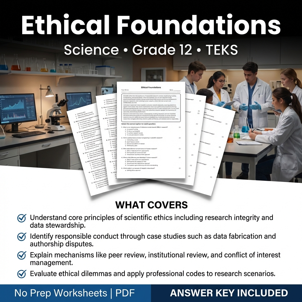 Ethical Foundations Science Worksheet for Grade 12 | TEKS aligned