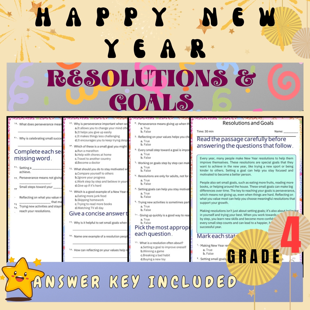 Grade 4 Seasonal Unit | New Year Wishes, Resolutions & Traditions Worksheets — included worksheet 1