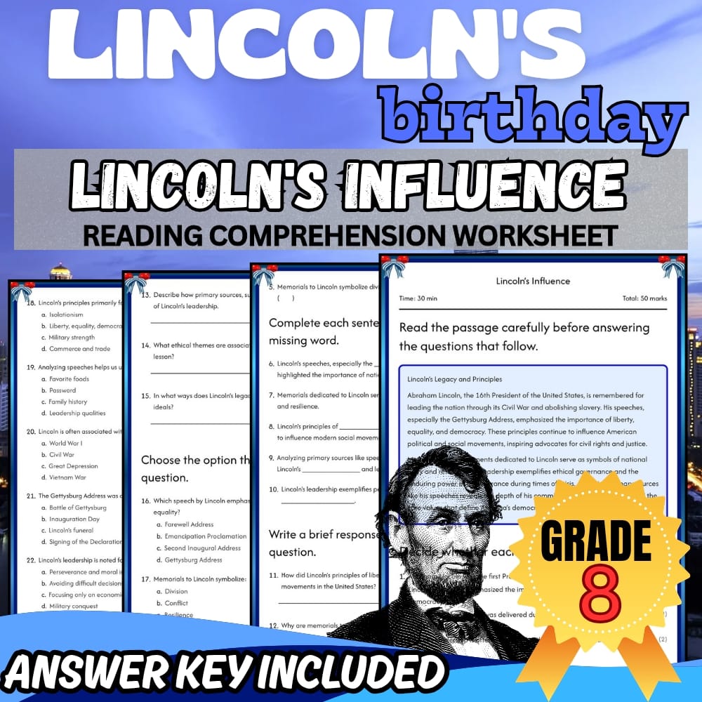 Grade 8 Holiday | Lincoln’s Birthday Worksheet for Mastery | PDF + Answer Key