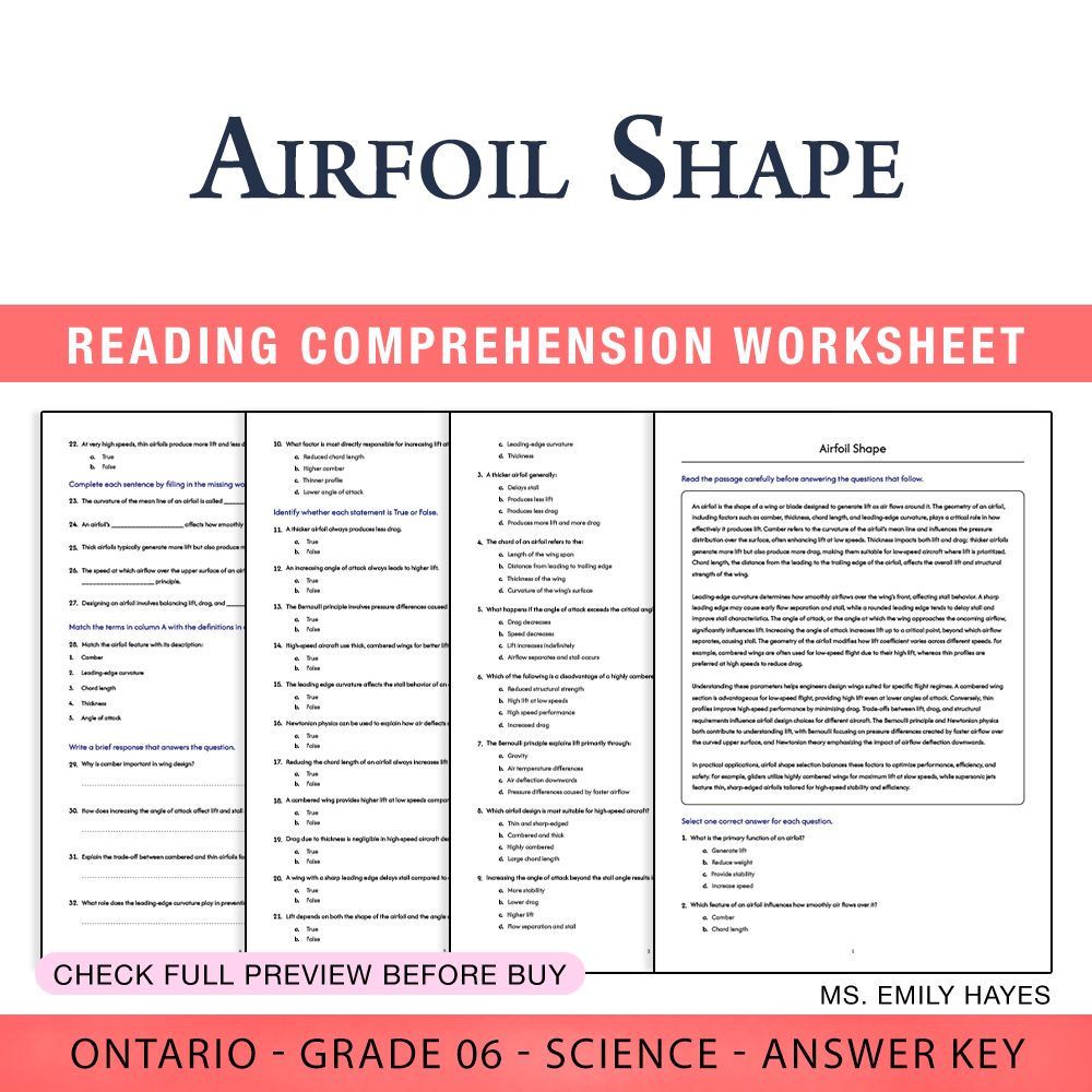 Grade 6 Science worksheet worksheet — 6th Grade Science | Airfoil Shape Worksheet (PDF + Answer Key) — page 1