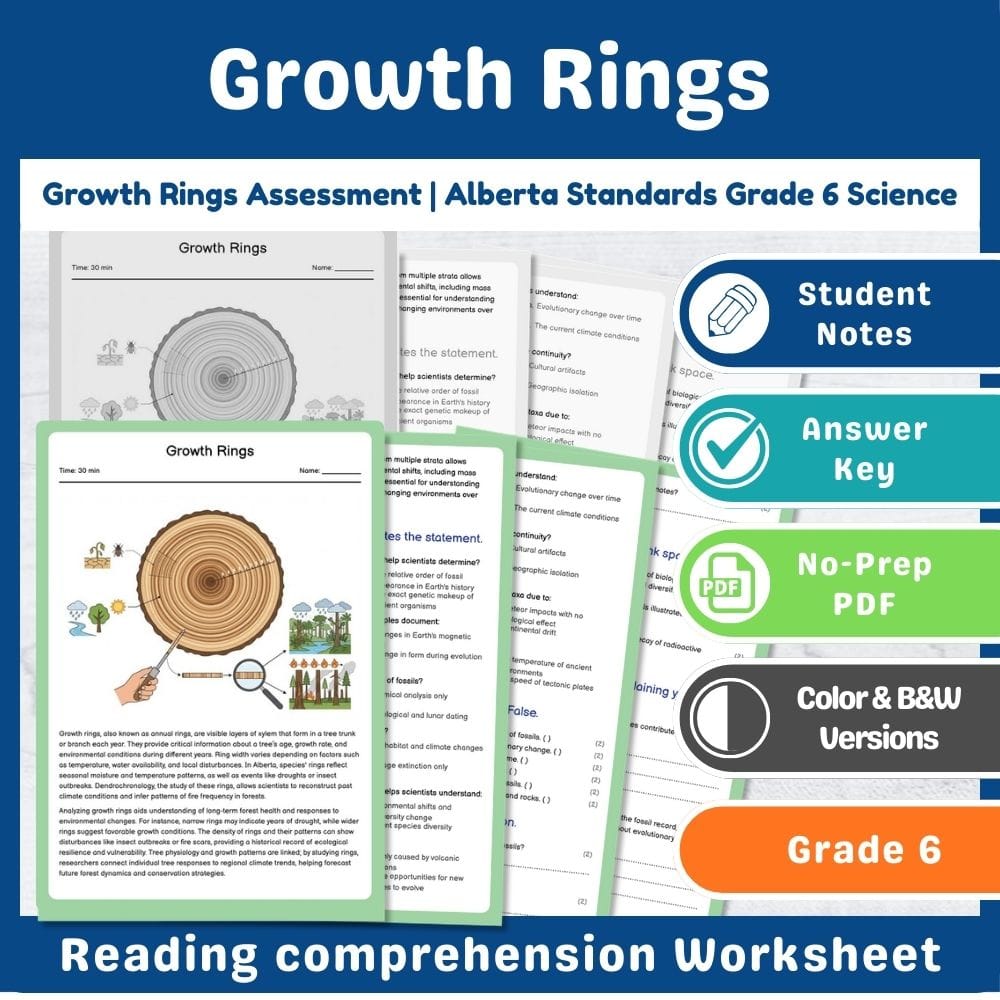 Grade 6 Science assessment worksheet — Growth Rings Assessment | Alberta Standards Grade 6 Science — page 1