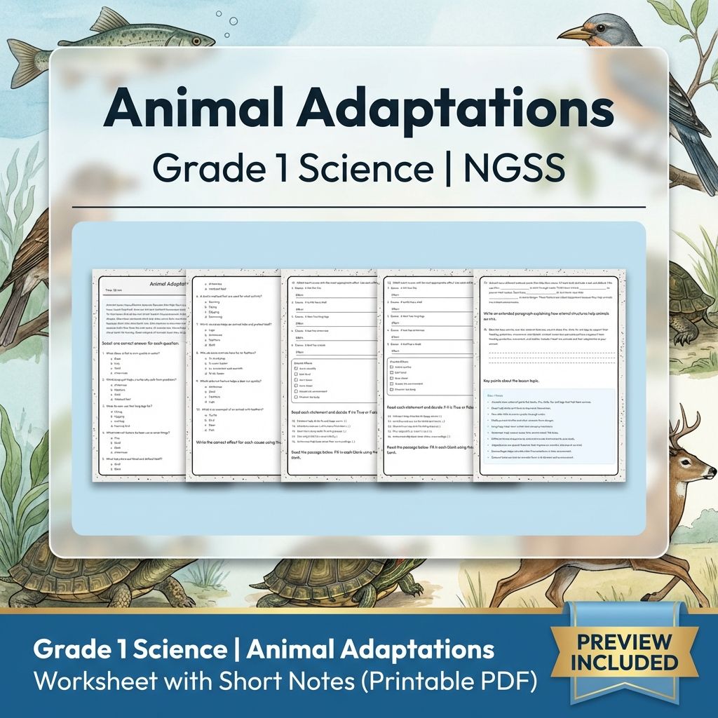 Grade 1 Science | Animal Adaptations Worksheet with Short Notes (Printable PDF)