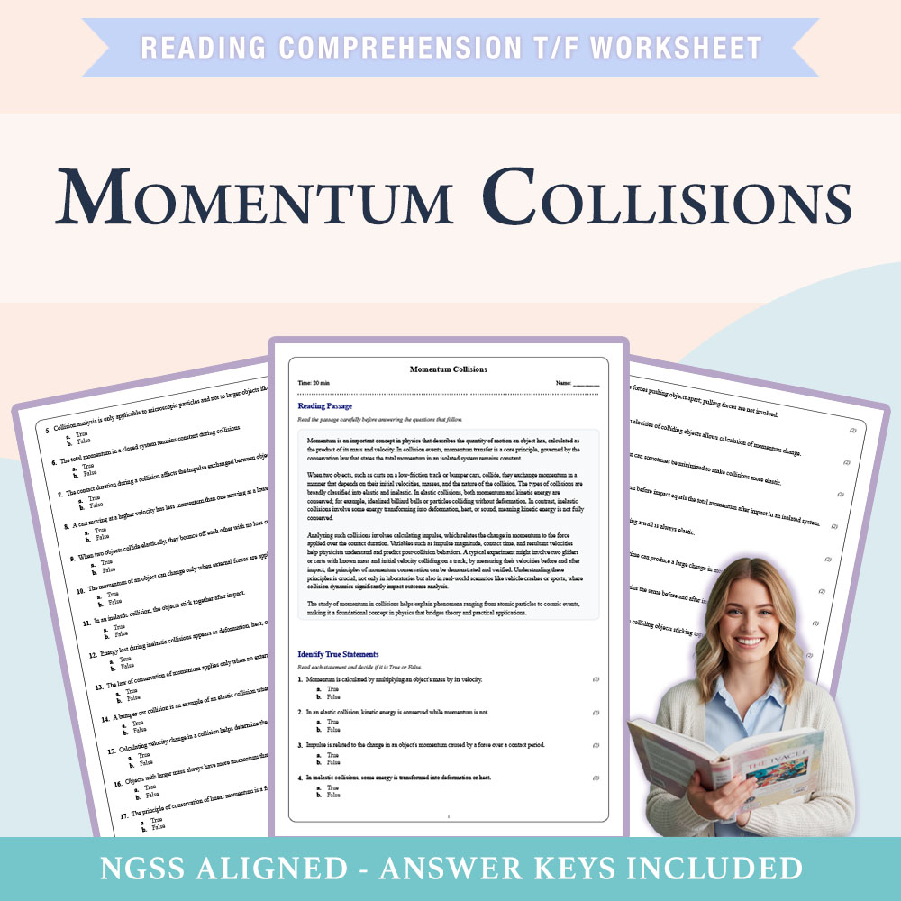 Grade 8 Science reading comprehensions true or false worksheet worksheet — Grade 8 Science | Momentum Collisions Worksheet…