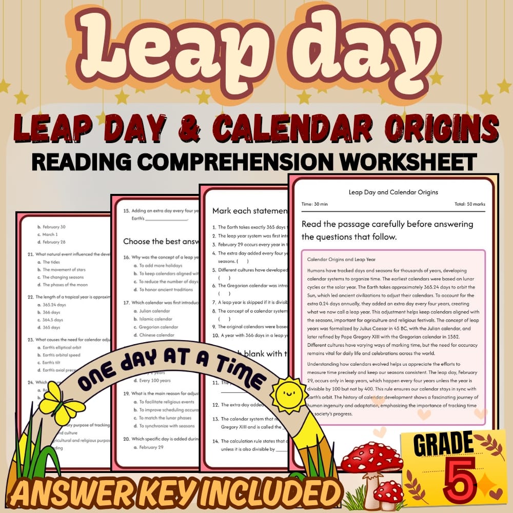 Grade 5 Holiday Worksheets Bundle | Leap Day Math & Cultural Activities — included worksheet 1