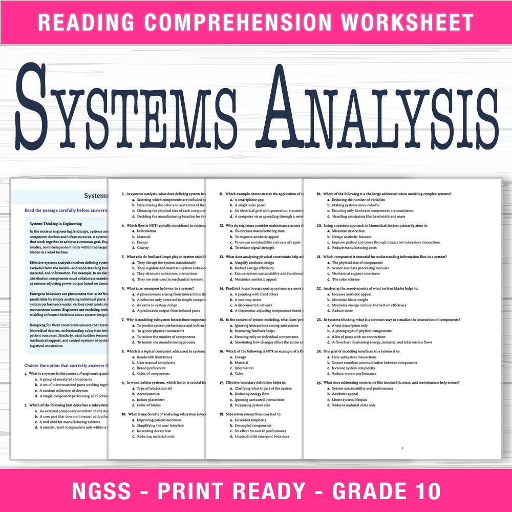 Grade 10 Science worksheet worksheet — Grade 10 Science | Systems Analysis Worksheet (PDF + Answer Key) — page 1