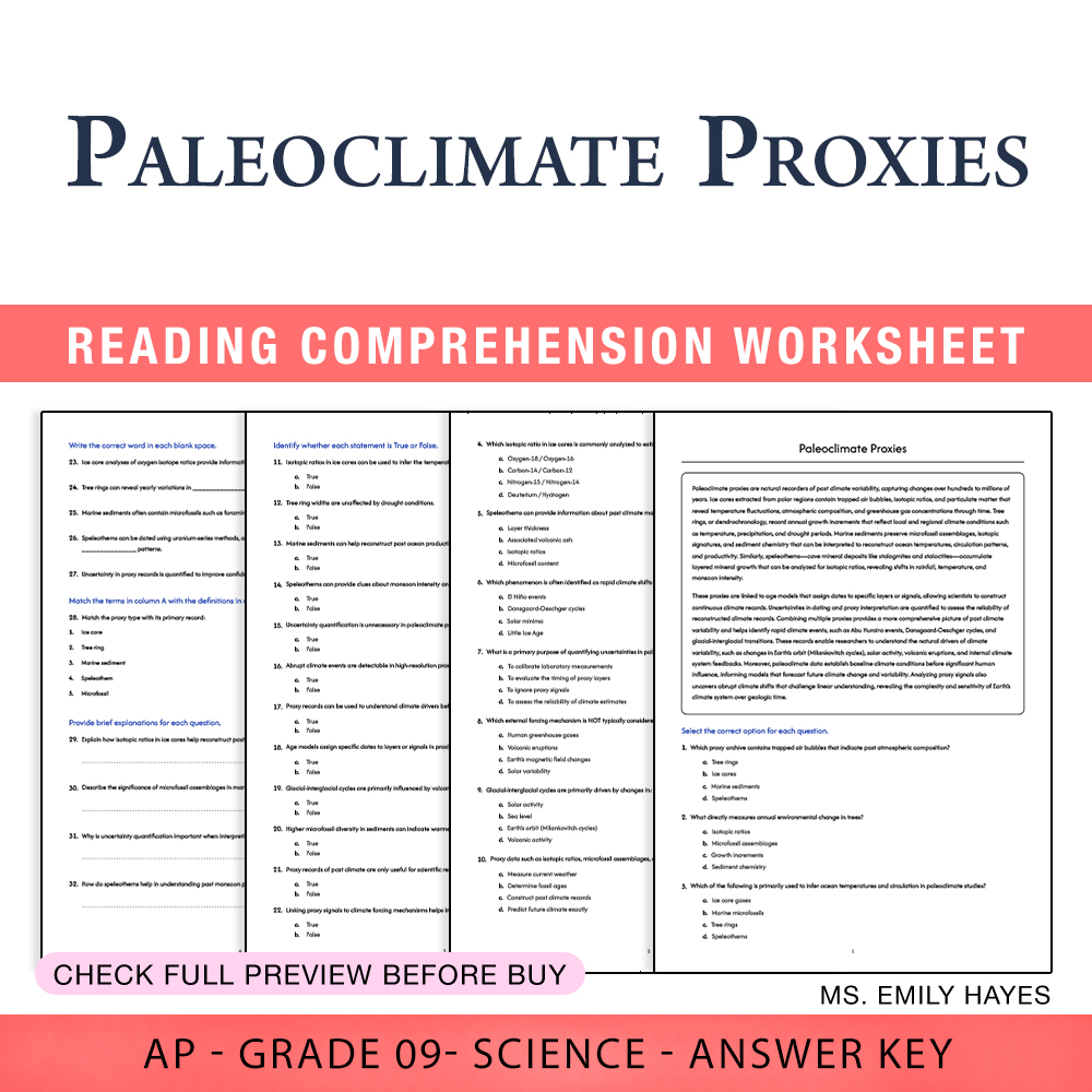 Grade 9 Science worksheet worksheet — 9th Grade Science | Paleoclimate Proxies Worksheet (PDF+ Answer Key) — page 1
