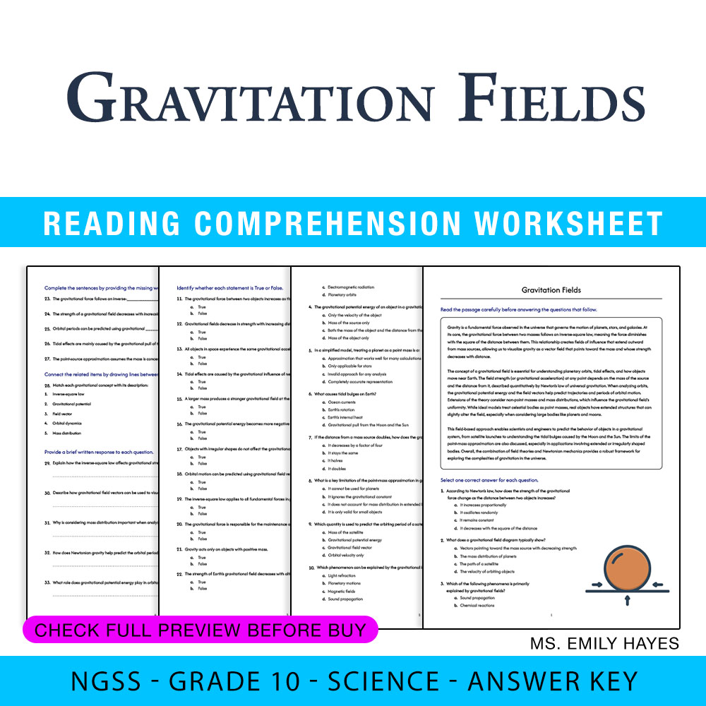 Grade 10 Science — worksheet — 10th Grade Science | Gravitation Fields Worksheet (PDF+ Answer Key) — page 1