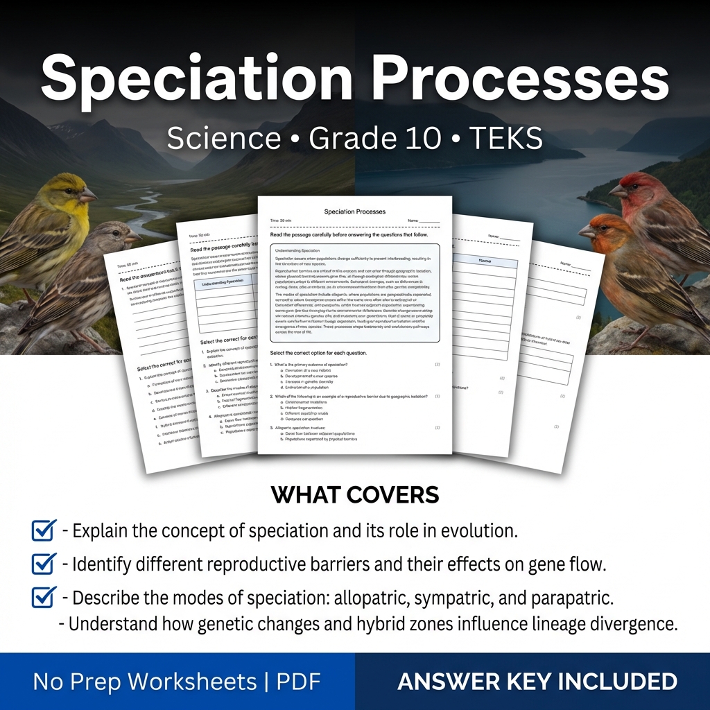 Speciation Processes Grade 10 Science Worksheet | TEKS Practice
