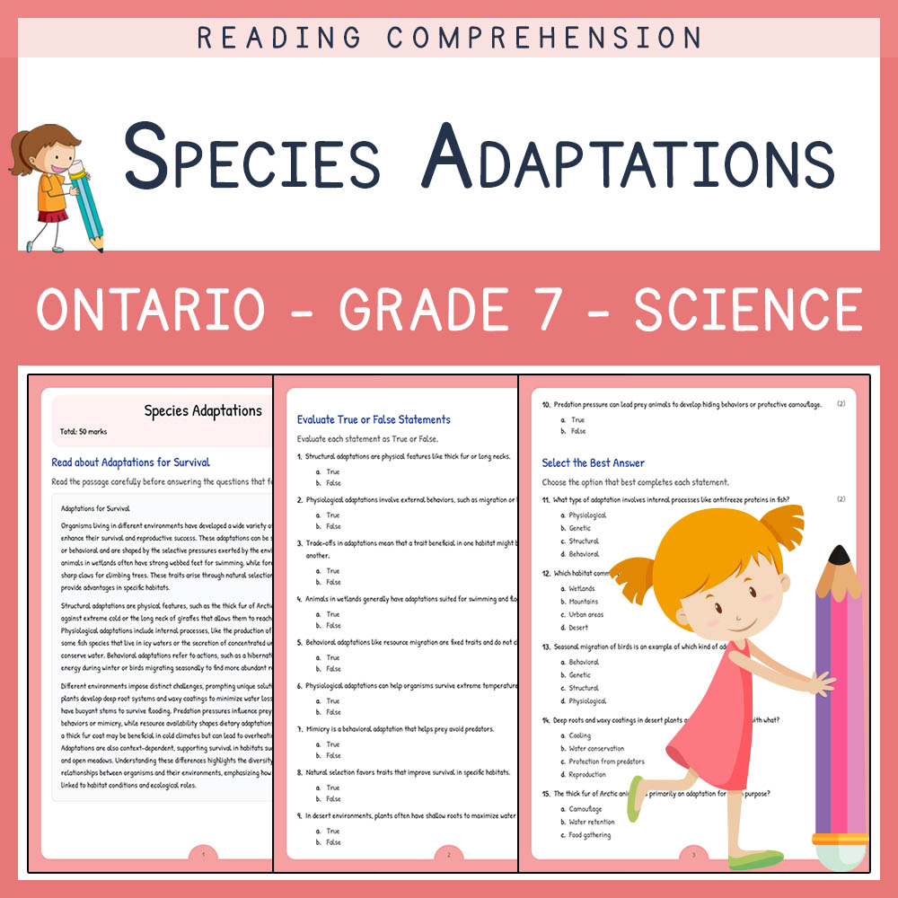 Grade 7 Science worksheet worksheet — Grade 7 Science | Species Adaptations Worksheet (PDF + Answer Key) for Ontario — page 1