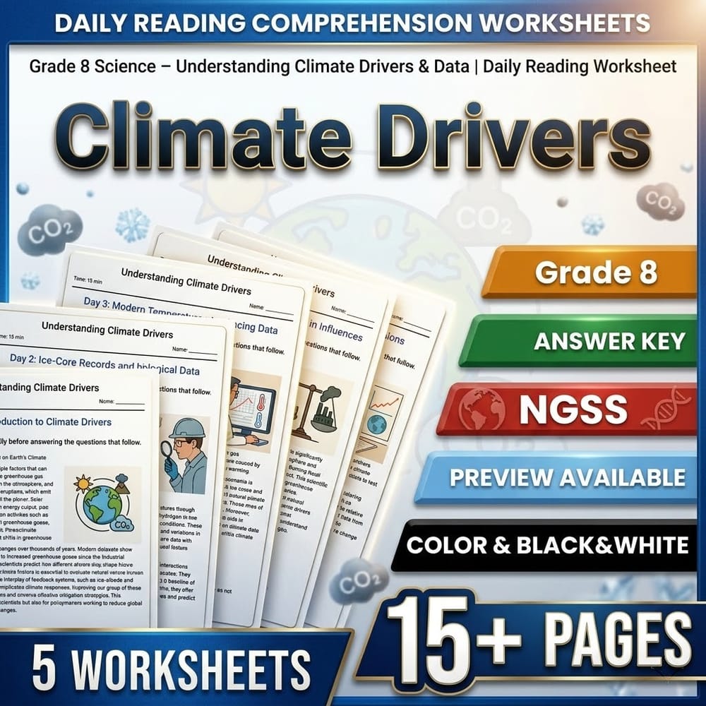Grade 8 Science daily reading worksheet — Grade 8 Science – Climate Drivers & Data | Daily Reading Worksheet