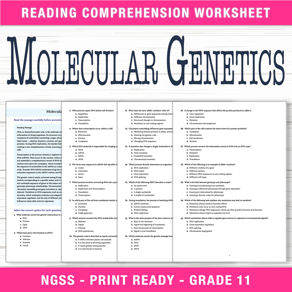 Grade 11 Science worksheet worksheet — Grade 11 Science | Molecular Genetics Worksheet (PDF + Answer Key) — page 1