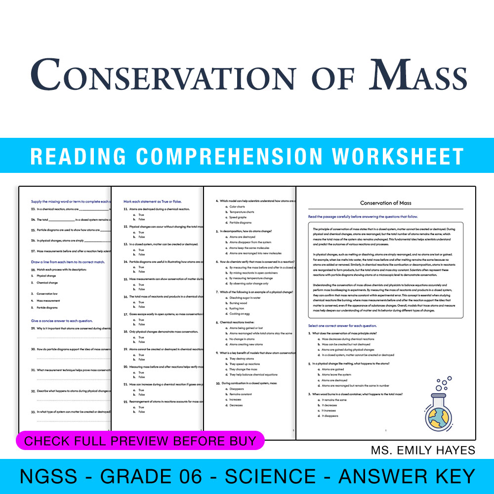 Grade 6 Science worksheet worksheet — 6th Grade Science | Conservation of Mass Worksheet (PDF + Answer Key) — page 1