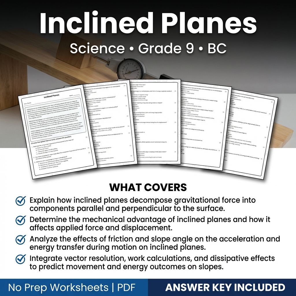 Inclined Planes Worksheet for Grade 9 Science | BC Standards