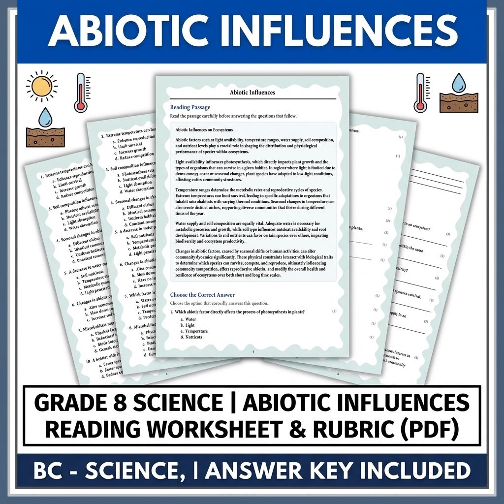 Grade 8 Science | Abiotic Influences Reading Worksheet & Rubric (PDF)