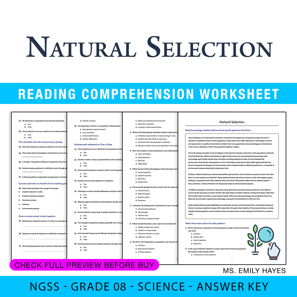 Grade 8 Science worksheet — 8th Grade Science | Natural Selection Worksheet (PDF+ Answer Key) — page 1