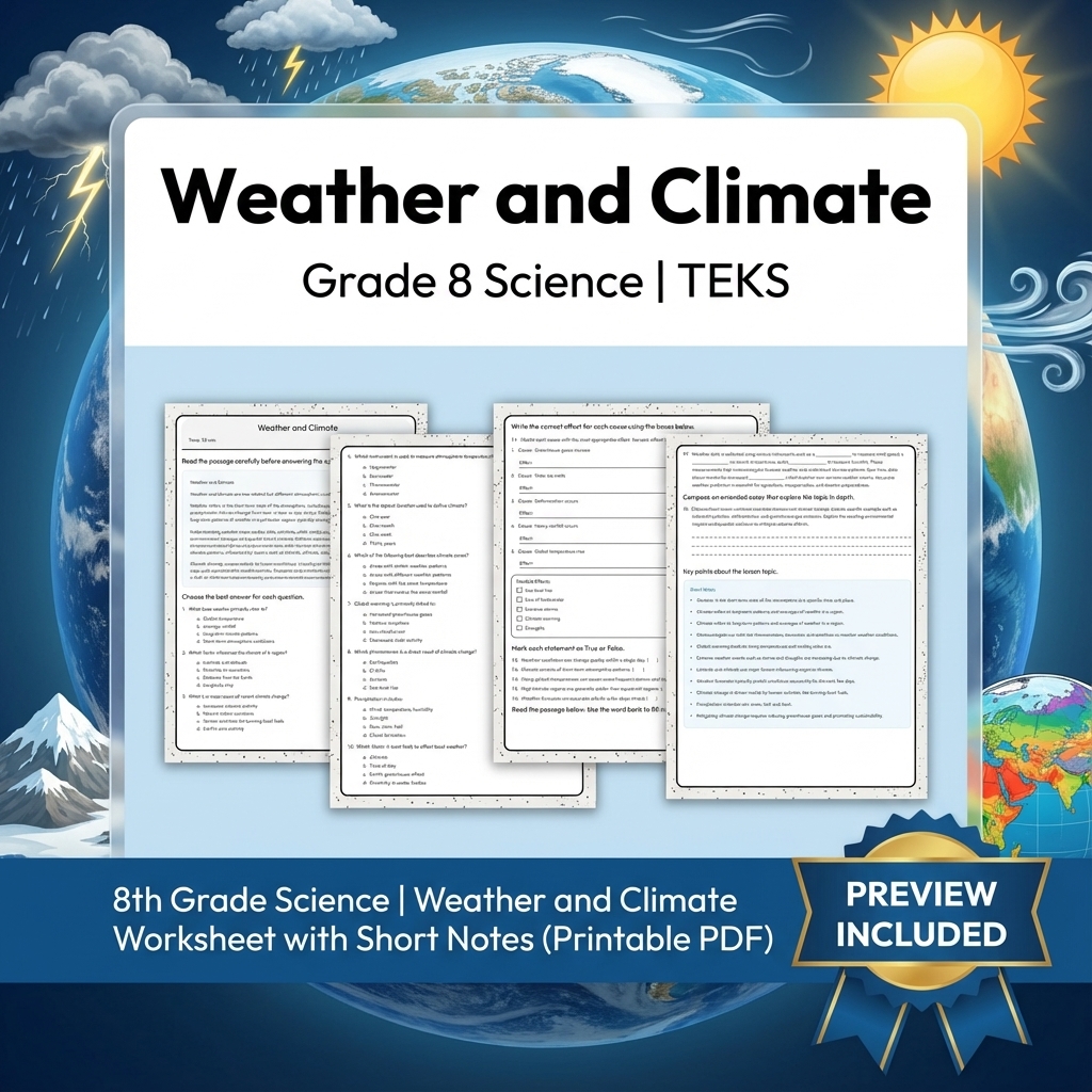 8th Grade Science Weather and Climate Worksheet with Short Notes (Printable PDF)