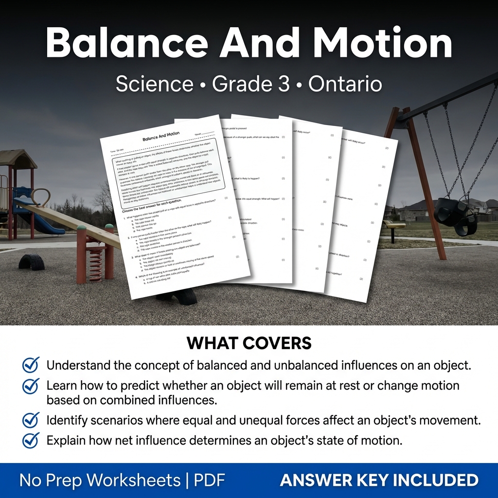 Balance And Motion Grade 3 Science Worksheet | Ontario Standards