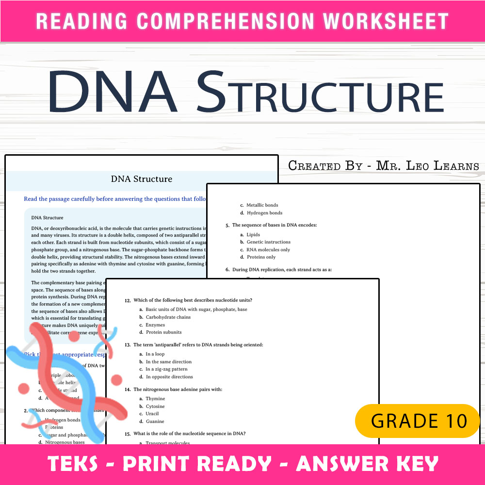 Grade 10 Science worksheet worksheet — Grade 10 Science — DNA Structure Worksheet for Mastery — page 1