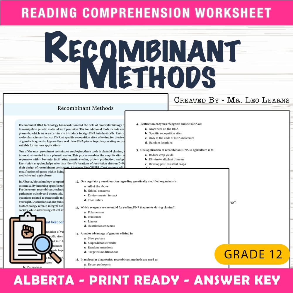 Grade 12 Science worksheet mcq paper worksheet — Grade 12 Science — Worksheet MCQ Paper for Mastering Recombinant Methods…
