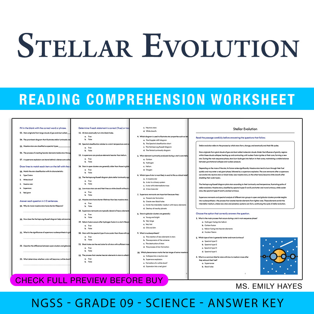 Grade 9 Science worksheet — 9th Grade Science | Stellar Evolution Worksheet (PDF+ Answer Key) — page 1