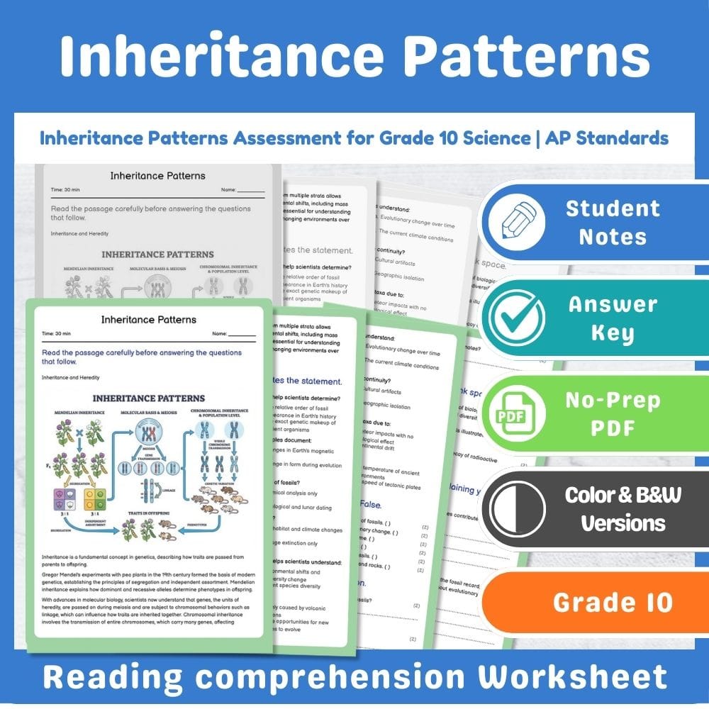 Grade 10 Science assessment worksheet — Inheritance Patterns Assessment for Grade 10 Science | AP Standards — page 1