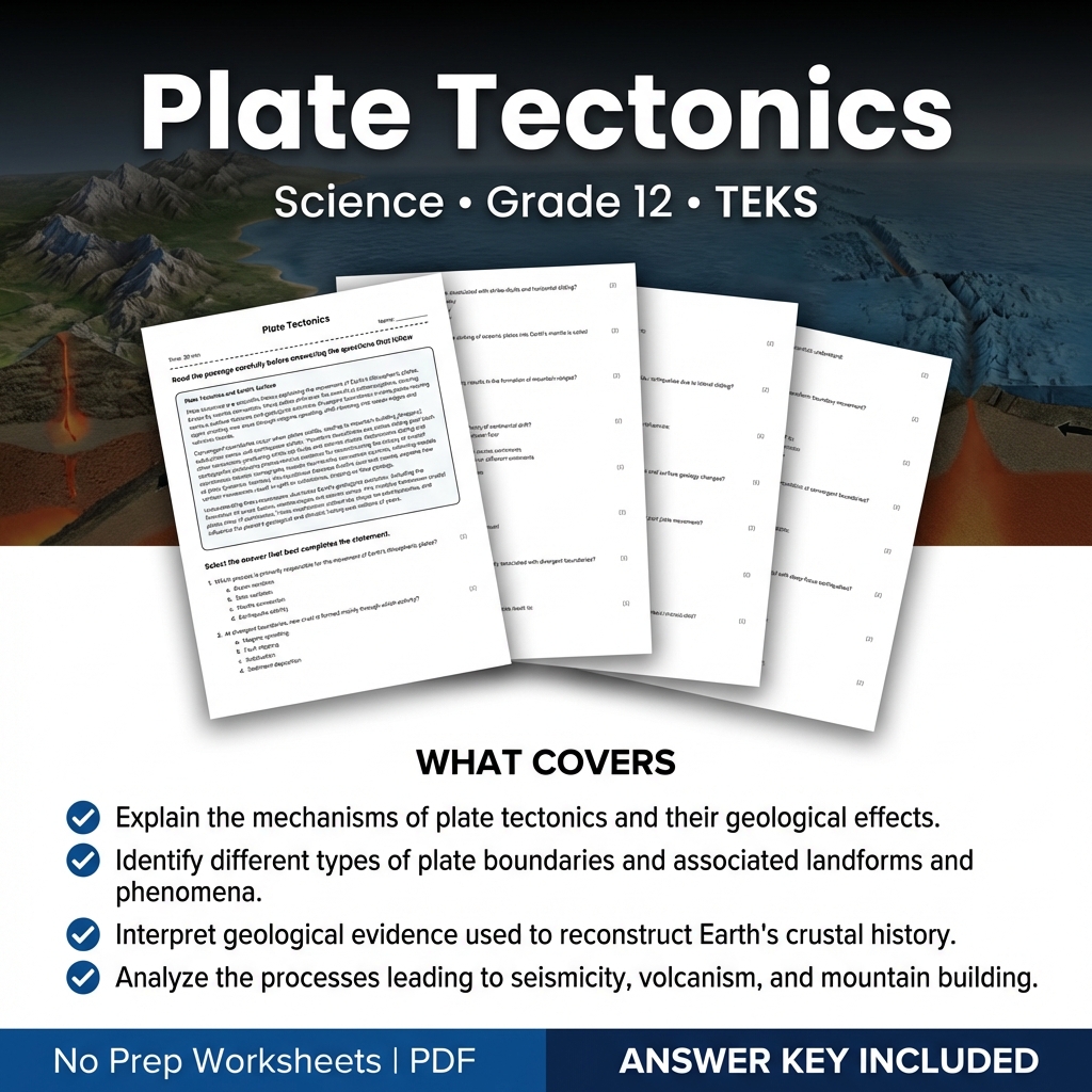 Plate Tectonics Worksheet for Grade 12 Science | Standard Practice